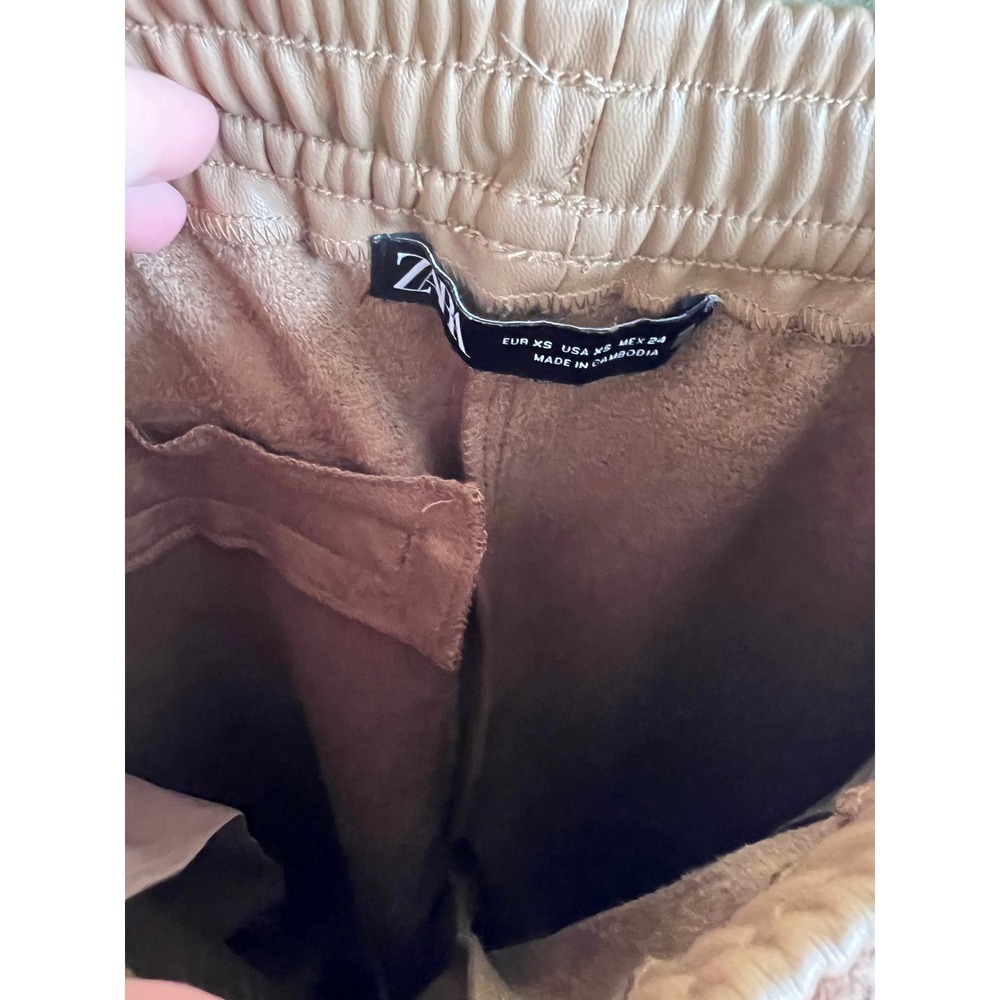 Zara Tan Faux Leather Jogger Pants Elastic Drawstring Waist Size XS Brown - Picture 3 of 4